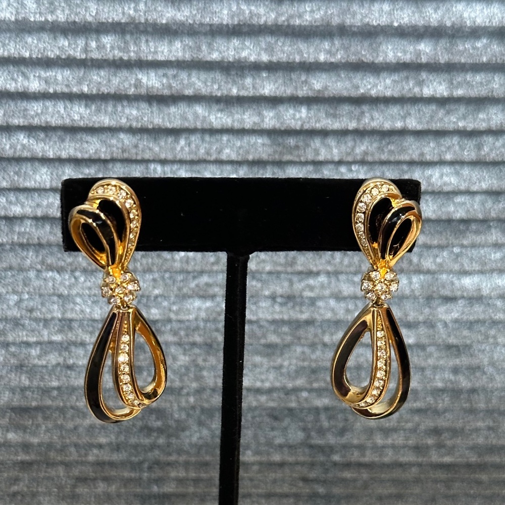 Christian Dior Earrings - Gold, Black Enamel and Chrystal Swirled Drops Vtg. 90s